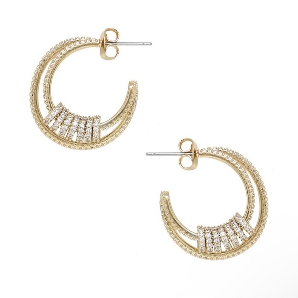 Ettika 18k Gold Plated Double Crystal Pave Ring Hoop Earrings NWT - Picture 3 of 3